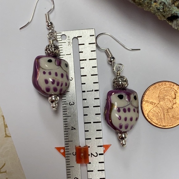 NWOT Cute owl earrings chunky pale green silver purple - Picture 8 of 9